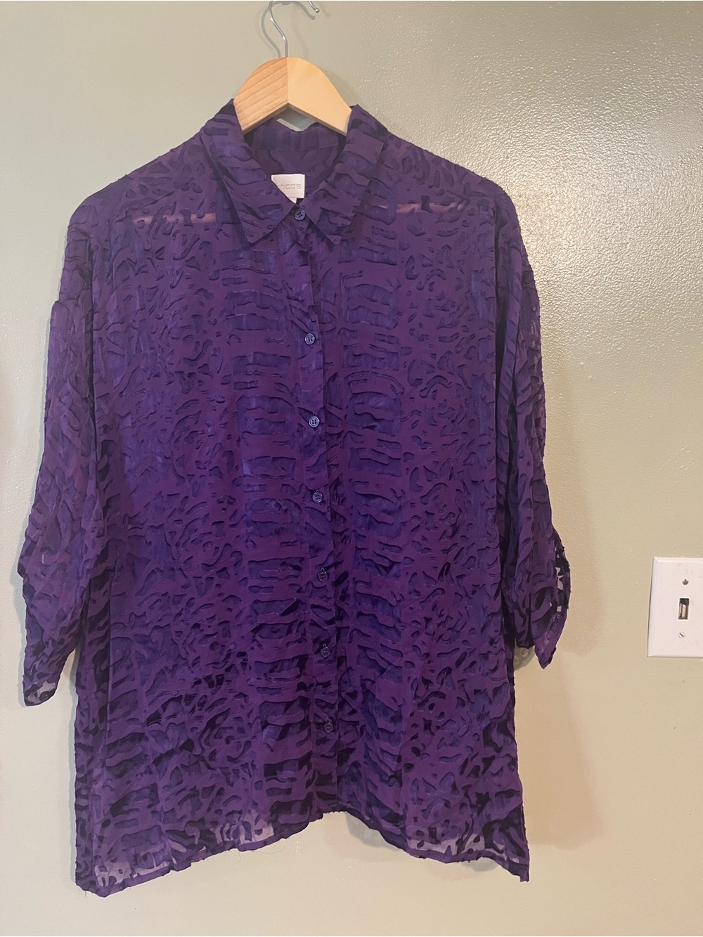 Chicos Women's Sheer Burnout  Velvet  Button-Up Top - Purple Size 2/L